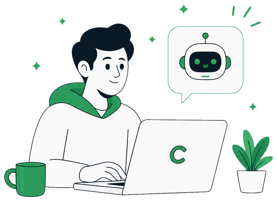 Illustration of a customer chatting happily with a support agent