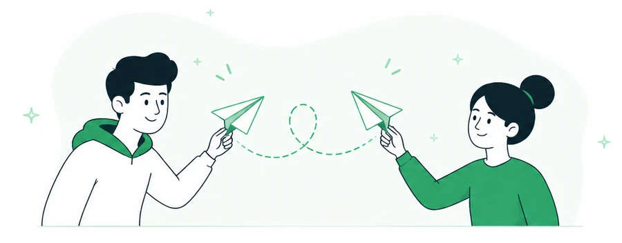 Two people passing a paper plane to each other